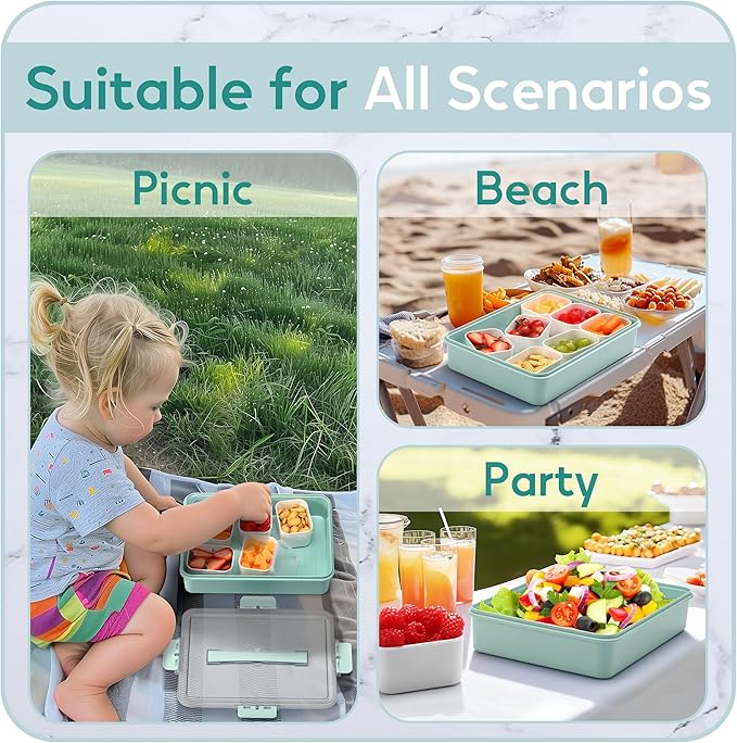 Snackle Box Container for Adults with 9 Compartment, Divided Serving Tray Snack Box Containers with Lid and Handle, Charcuterie Boxes Portable Snack Platter for Fruit Veggie Party Travel, Green