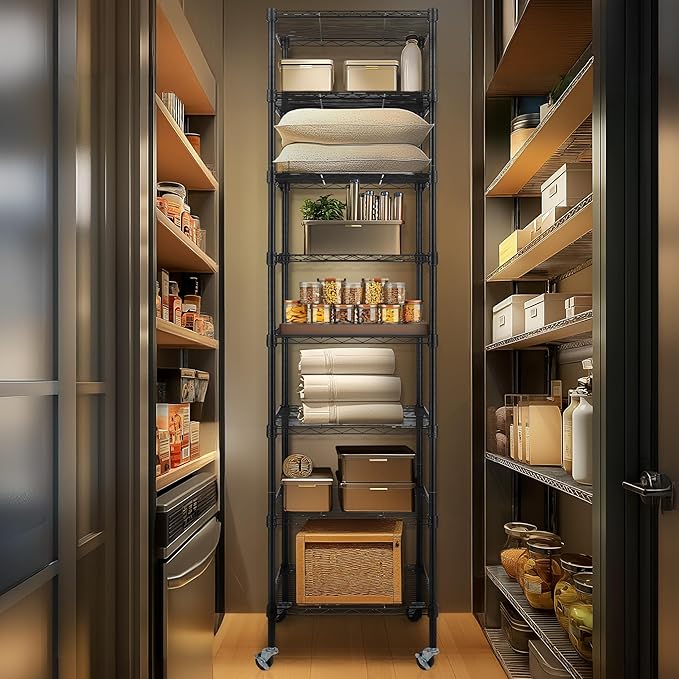 Finnhomy Heavy Duty 8 Tier Wire Shelving with Wheels 18x18x72.8-inches 8 Shelves Metal Storage Rack Thicken Steel Tube, Pantry Shelves for Storage, Adjustable Shelving Unit, NSF Certified, Black