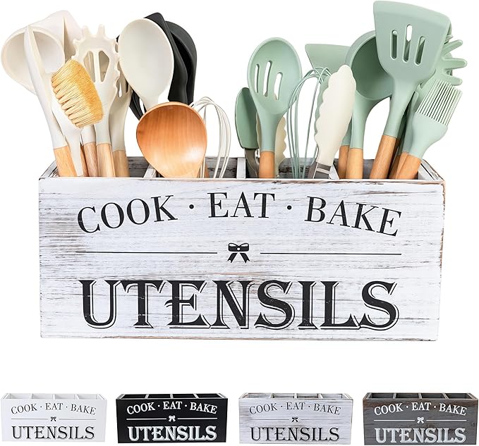 LIBODOUR Utensil Holder,Extra Large Wooden Utensil Holder For Kitchen Counter,Cooking Spatula Organizer,Big Storage Caddy With 4 Compartments Flatware Spoon Tool Cutlery(Light White)