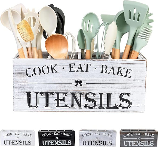 LIBODOUR Utensil Holder,Extra Large Wooden Utensil Holder For Kitchen Counter,Cooking Spatula Organizer,Big Storage Caddy With 4 Compartments Flatware Spoon Tool Cutlery(Light White)