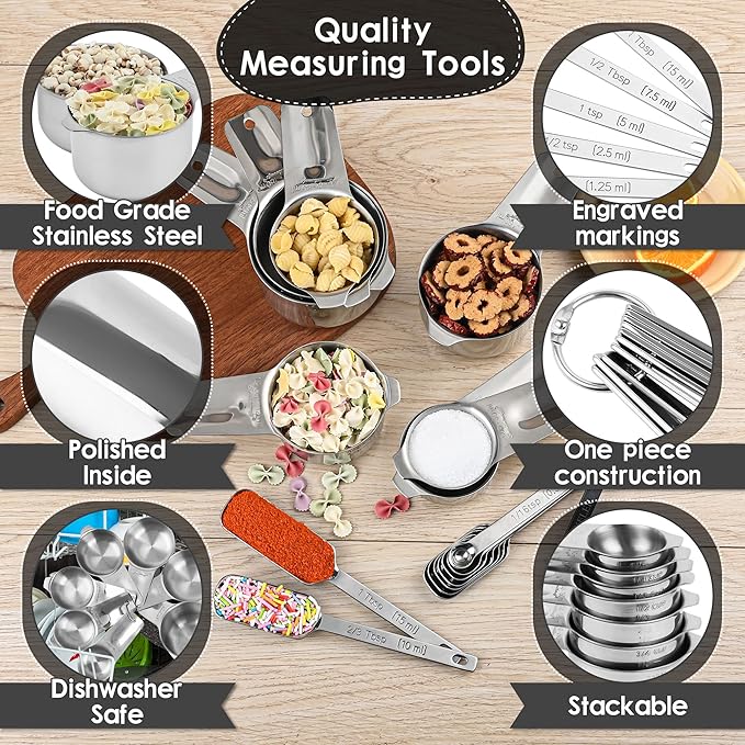 zoyizi Measuring Cups Set 7, 18/8 Stainless Steel Measuring Cups for Kitchen & Baking, Metric & US Measure Cups for Dry and Liquid, Metal Measuring Tools with 1/8, 1/4, 1/3, 2/3, 3/4 Measure Cups