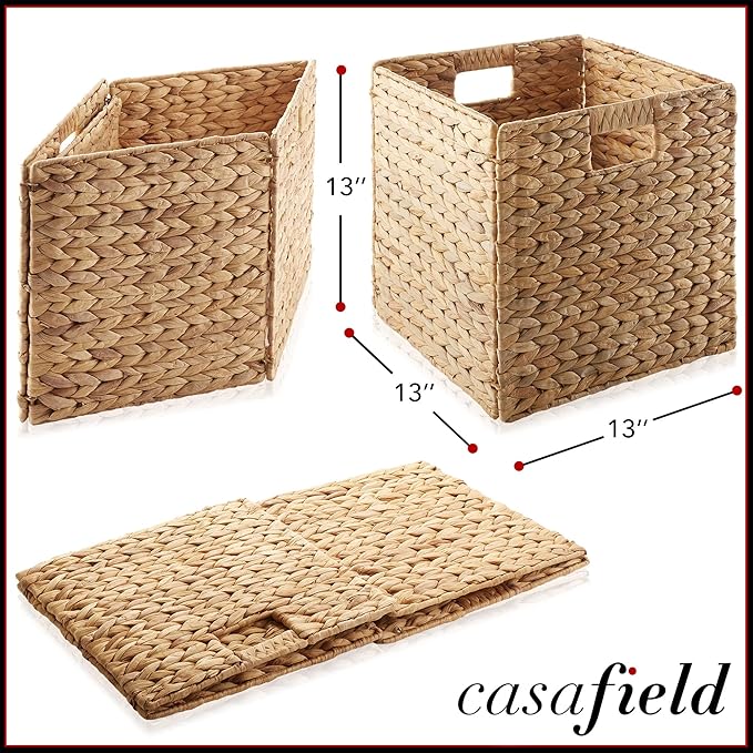 Casafield 13" x 13" Water Hyacinth Storage Baskets, Natural - Set of 6 Collapsible Cube Organizers, Woven Bins for Bathroom, Bedroom, Laundry, Pantry, Shelves