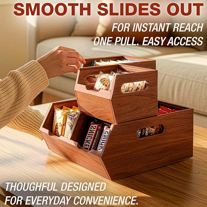 HOMESTEAD Stackable Solid Wood Storage Bins for Kitchen Pantry & Countertop, Ventilated Potato and Onion Basket Organizer with Handles, Wooden Produce Storage Containers, 3-Pack, Chestnut Finish