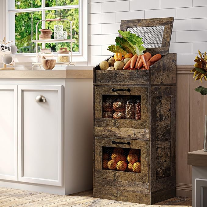 Potato Storage Bin with Lid, Rustic Wooden Onion Storage Bin, Bread Box for Kitchen, Kitchen Decorative Vegetable Storage Cabinet, Rustic Brown HPC001SR