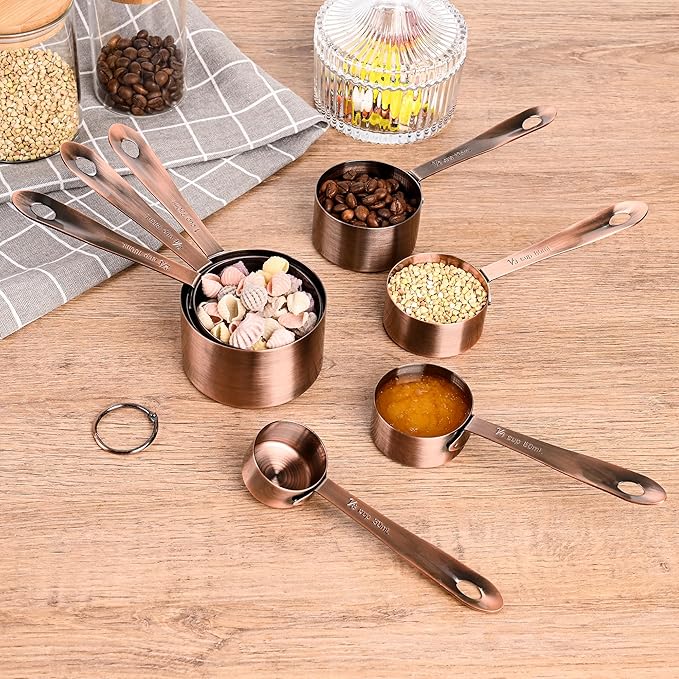 Viwehots Copper Measuring Cups and Spoons Set 16, Dry&Liquid Stainless Steel Measuring Cups and Spoons, 7 Metric&US Measing Cups & 6 Measuring Spoons & Measure Equivalents for Kitchen&Baking