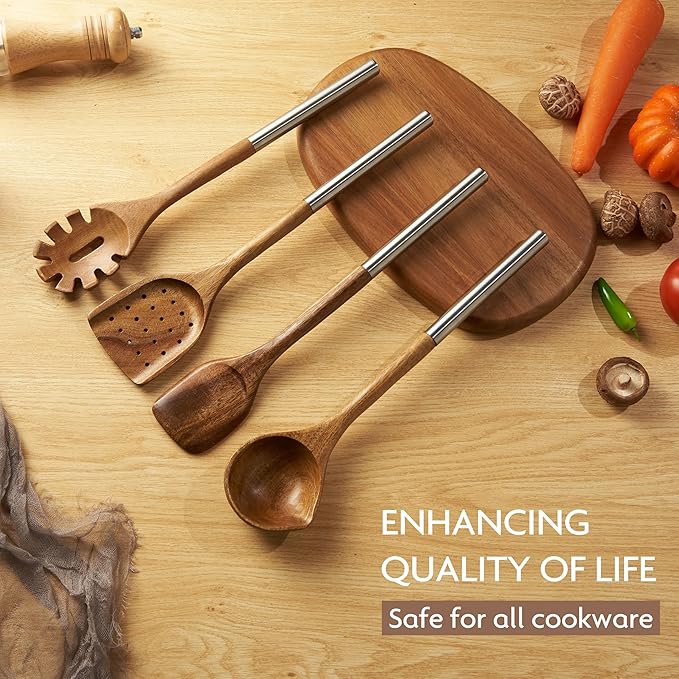 Edergoo 4 PCS Acacia Wood Cooking Utensils Set with Magnetic Hanging Handles Stainless Steel, Heat-Resistant Multi Function Cooking Tools