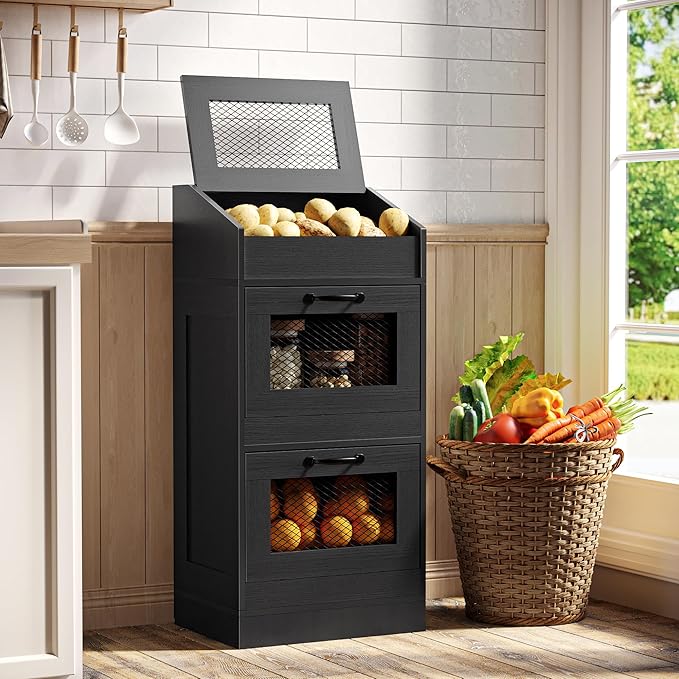 Potato Storage Bin with Lid, Rustic WoodenOnion Storage Bin, Bread Box for Kitchen, Kitchen Decorative Vegetable Storage Cabinet, Black HPC001BK