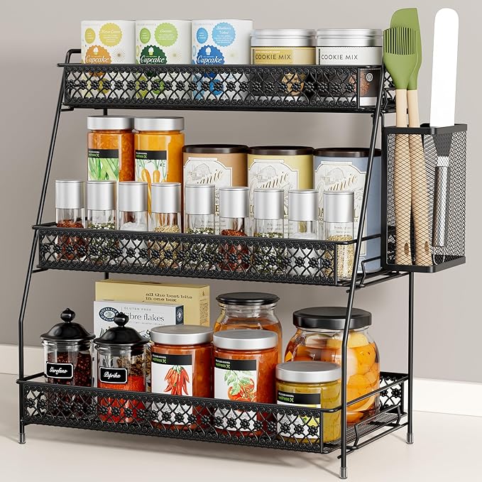 SILUB Vintage 3 Tier Spice Rack Organizer for Kitchen Counter, Bathroom Counter Organizer with Bonus Basket, 3 Tier Bathroom Counter Organizer for Spices Makeup Perfumes, Retro Countertop Organizer