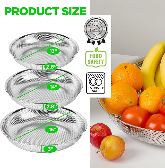 COMPORT K Premium 18/8 304 Stainless Steel Large Colander Set of 3, Comfortable Micro-Perforated Shallow Strainers, 5.5-7-10 Quart Tray Set, Self-Draining Solid Base for Pasta, Fruits, Vegetables