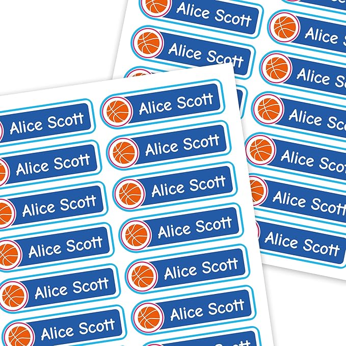 Mini Labels 1.5”x0.4” - 99 Pack Custom Name Stickers - Personalized Waterproof Name Labels for Bottles, Food Containers, School Supplies and More – Dishwasher & Microwave Safe – Basketball