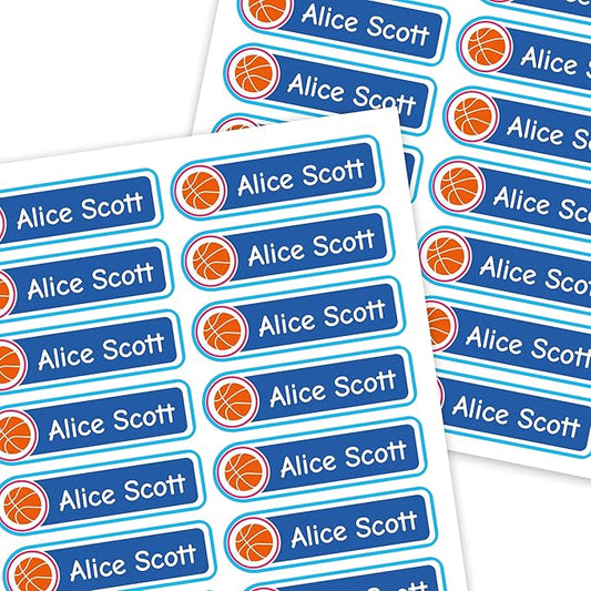 Mini Labels 1.5”x0.4” - 99 Pack Custom Name Stickers - Personalized Waterproof Name Labels for Bottles, Food Containers, School Supplies and More – Dishwasher & Microwave Safe – Basketball
