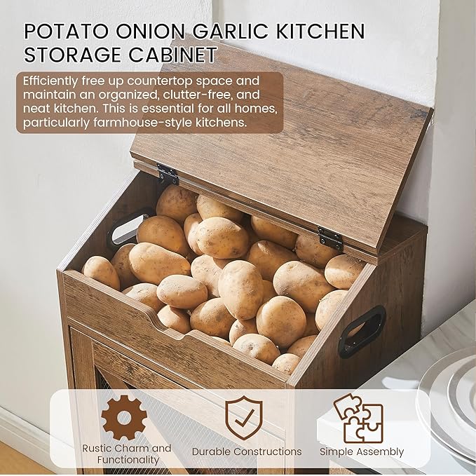 Potato Storage Bin, Large Movable Bread Box with Lid, 3 Tier Vegetable Organizer Cabinets, Decorative Fruit and Vegetable Box for Kitchen (Walnut)
