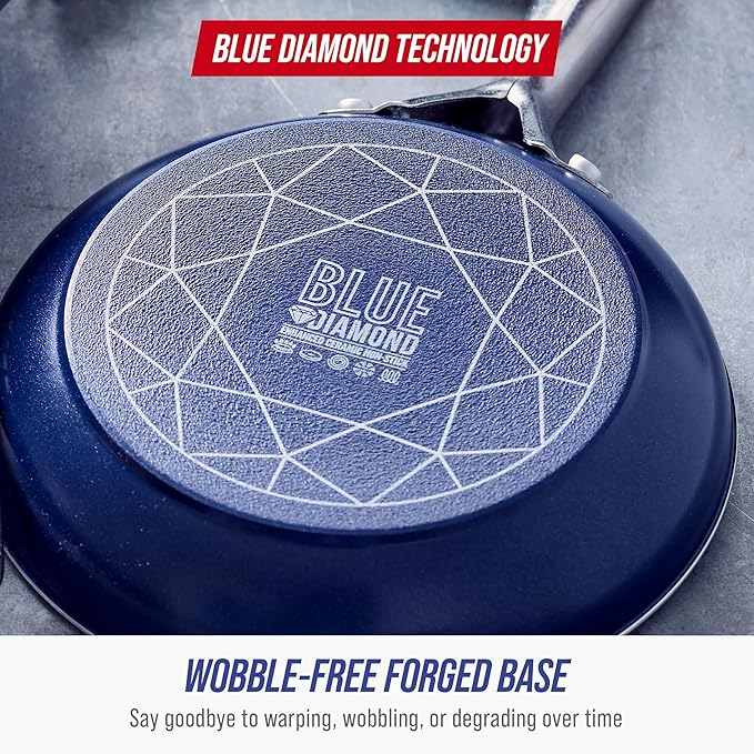 Blue Diamond 14 Piece Nonstick Cookware Set, Diamond Ceramic Pots & Pans, Dishwasher & Metal Utensil Safe, Non Toxic PFAS-Free, Kitchen Cooking Sauce & Saute Pans, Oven & Broiler to 600F, Blue