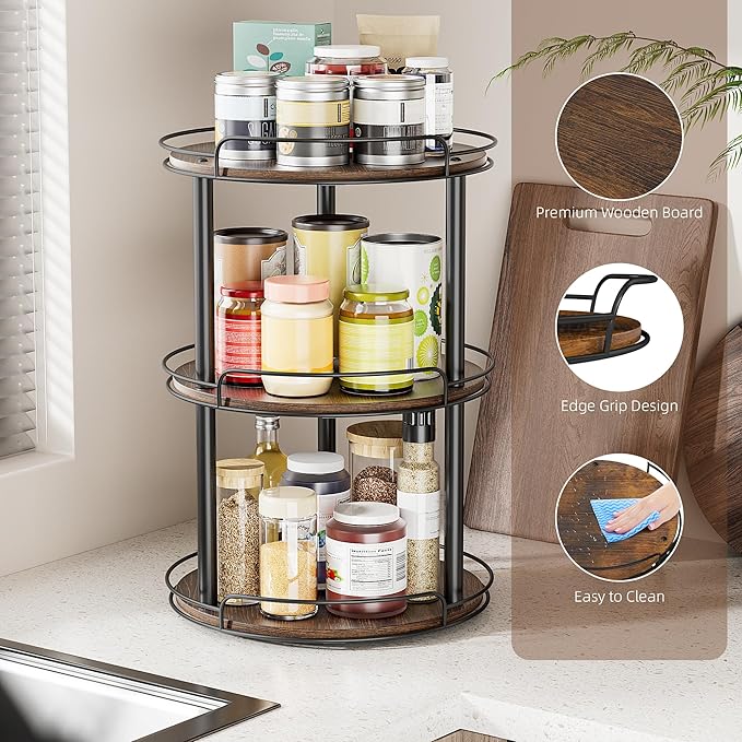 LAMU 10.2'' Wood Lazy Susan Turntable Organizer for Cabinet, 3 Tier Lazy Susan Spice Rack Organizer for Kitchen, Table Top, Countertop, Pantry, Bathroom