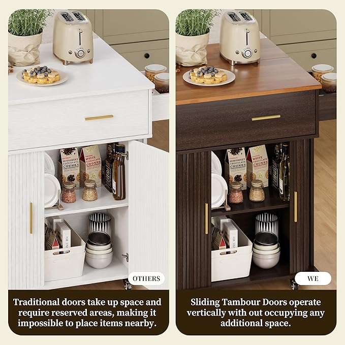 DHH Rolling Kitchen Island with Drop Leaf Countertop&Ample Storage - 39.4" Small Mobile Kitchen Cart On Wheels with Sliding Door,Drawers,Spice Rack & 2-Tier Storage (Coffee)