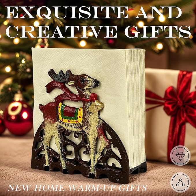 Linton Arts Cast Iron Napkin Holder for Table, Decorative Cocktail Napkin Holder with Deer Design, Heavy Duty Kitchen Napkin Holder for Paper Napkins, Kitchen Island & Dining Table Decor