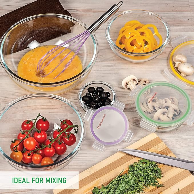 dokaworld Set of 5 Stackable Space-Saving Nesting Glass Bowls with BPA Free Lids for Foodprep, Storage, Baking, Mixing & Cooking, Microwave Safe - Durable Inert Borosilicate Glass
