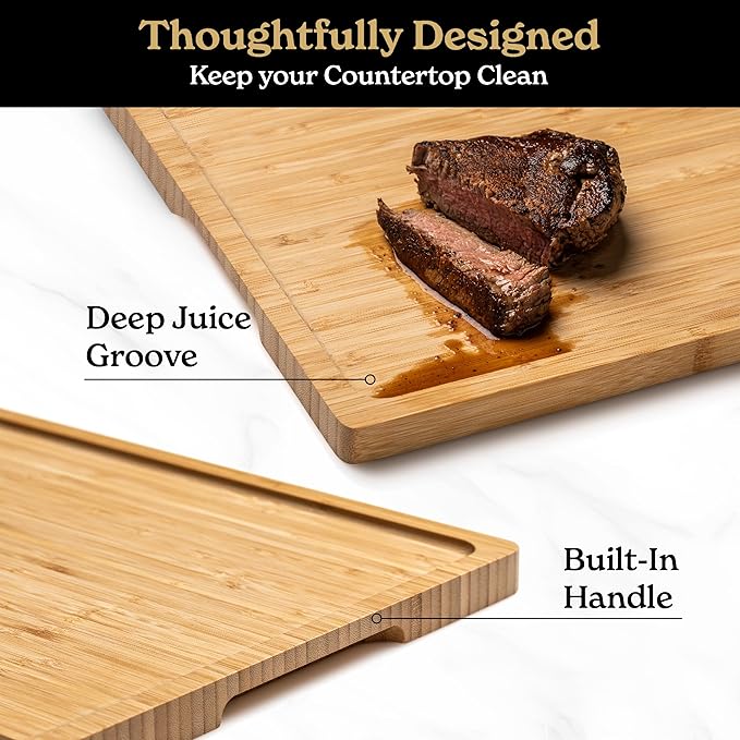 SMIRLY Large Bamboo Cutting Board for Kitchen: Large Bamboo Cutting Board with Juice Groove, Wooden Cutting Boards for Kitchen, Butcher Block Cutting Board Wood