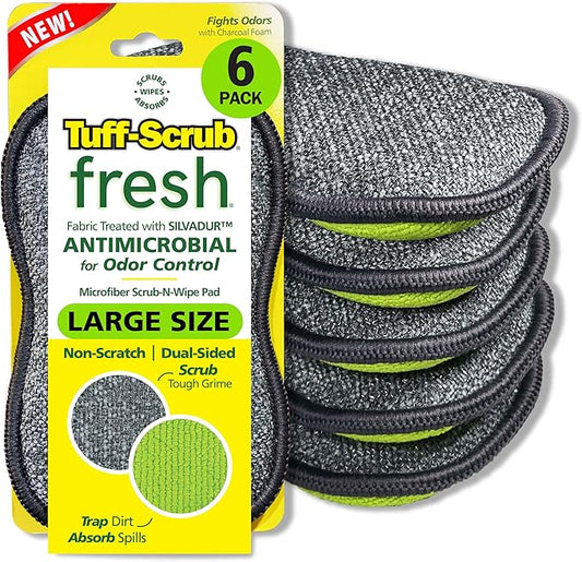 Fresh Tuff-Scrub Antimicrobial Microfiber Scrub-N-Wipe Sponge Pads, Fabric Treated with SILVADUR Antimicrobial Technology and Charcoal-Infused Foam, 6-Pack Green Large Size Pads