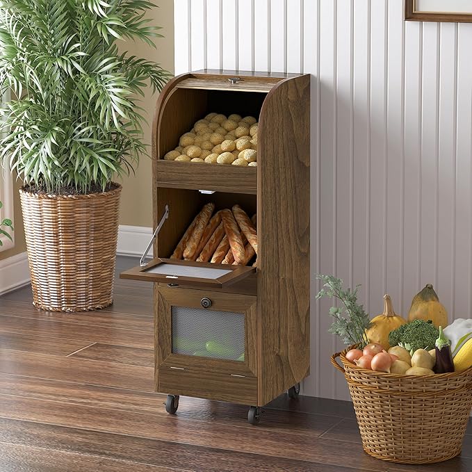 Potato Storage Bin Movable Bread Box with Lid Rustic and Wheels Onion Organizer with Grocery Section Decorative Vegetable Organization Cabinet for Kitchen (Walnut)