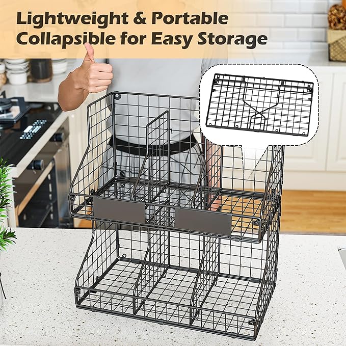 2 Tier Pantry Organizers and Storage Shelf, Stackable Can Organizer for Canned Food and Goods, Metal Wire Rack with 4 Adjustable Dividers Holds 60+ Cans for Under Cabinet Countertop