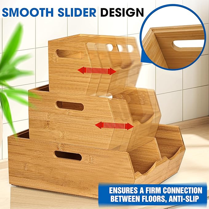 [Upgraded] 3-tier Stackable Bamboo Pantry Storage Bins, Potato and Onion Storage Baskets with Handles, Removable Divider, Pantry Organizer Holder for Kitchen, Office, Cabinet, Fruit Storage
