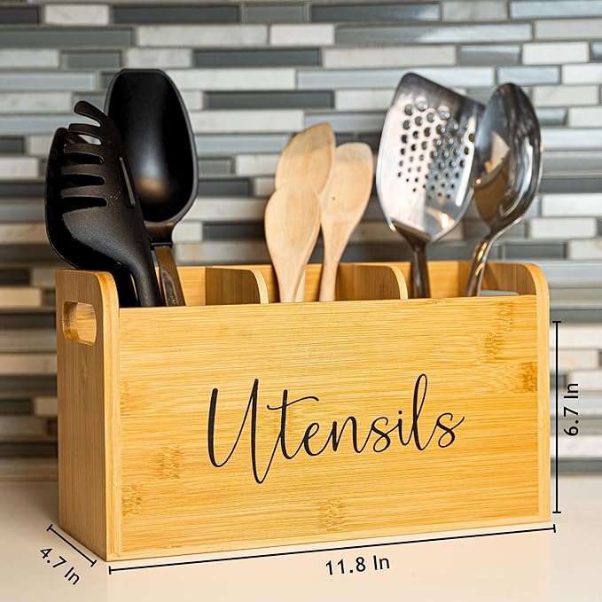 Bamboo Kitchen Utensil Holder for Countertop – Large 3-Compartment Organizer & Caddy with Drain Holes, Farmhouse Utensil Holder for Kitchen Counter, Rustic Wood Storage for Spoons & Spatulas