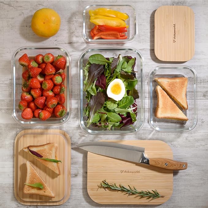 dokaworld Set of 4 Stackable Space-Saving Nesting Glass Containers with Airtight Bamboo Lids - Lunch, Meal & Food Prep - Microwave & Oven Safe BPA Free Durable Heat Resistant Inert Borosilicate Glass