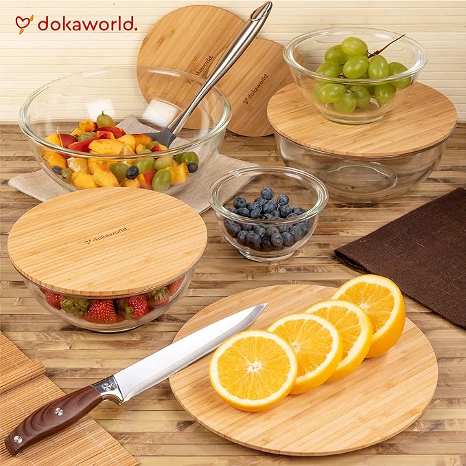 dokaworld Stackable Space-Saving Set of 5 Nesting Glass Bowls with Bamboo Lids for Foodprep, Storage, Baking, Mixing & Cooking, Microwave & Oven Safe BPA Free Heat Resistant Inert Borosilicate Glass