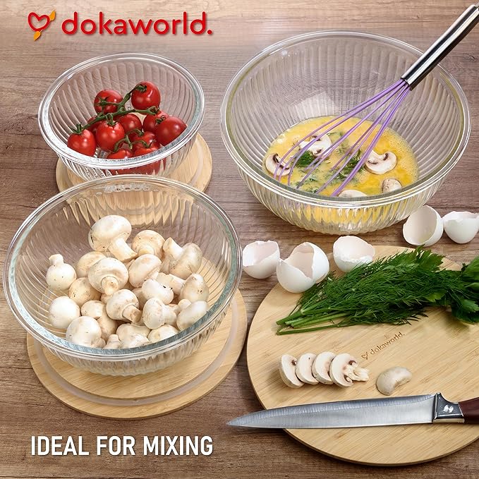 dokaworld Stackable Space-Saving Nesting Set of 3 Glass Bowls with Bamboo Lids for Foodprep, Storage, Mixing & Cooking - Microwave & Oven Safe BPA Free Durable Heat Resistant Inert Borosilicate Glass