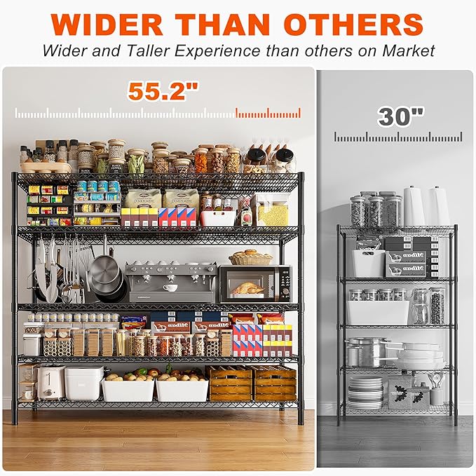 REIBII 85.7"H Garage Shelving 2998LBS Storage Shelves with Wheels&Feet,5 Tier Garage Shelves Heavy Duty Adjustable Wire Shelving for Basement Commercial Industrial Pantry, 85.7"H X 55.5"W X 24.2"D