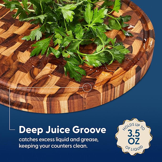 Sonder Los Angeles Vincent Round Cutting Board | Teak Edge Grain Cutting Board for Kitchen with Juice Groove | Perfect for Pizza & Charcuterie | Gift Box Included | 15x15x1.5 in