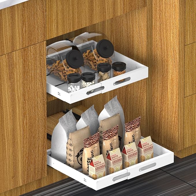 Expandable Pull Out Cabinet Organizer 17" Deep, Adhesive Pull Out Drawers For Cabinets 13.4"W - 19.7"W，No Drill Pull Out Cabinet Organizer Expandable, Expandablet Drawer For Kitchen, Pantry, Bathroom