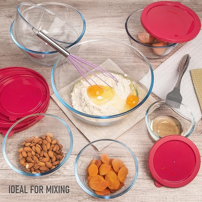 dokaworld 7 Stackable Space-Saving Nesting Glass Bowls with Pink Lids for Foodprep, Storage, Baking, Mixing & Cooking, Microwave Safe - Durable Inert Borosilicate Glass