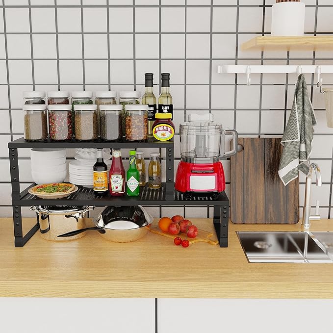 Jojocross Expandable Adjustable Stackable Kitchen Organizer, Spice Rack,Metal Pantry Storage Shelves Racks,Counter Shelf for Cabinets, Countertop, Cupboard(1 Pack/Medium/Black)