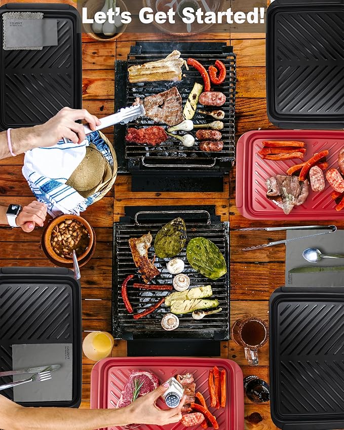 Czlizdyt Large Grilling Prep and Serve Trays, BBQ Platter for Raw and Cooked Food, Melamine Serving Trays for Food, Set of 2, Black and Red, Napkin and Cleaning Clothes Included