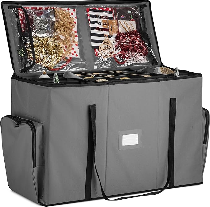ZOBER All in One Christmas Ornament Storage Box & Decoration Container - Easy Access Removable Trays, Keeps 73 Ornaments - Adjustable Extent Area for Figurines and Pockets for Decoration - Gray