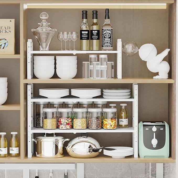 Jojocross Expandable Shelf for Cabinet Organizer Adjustable Stackable Spice Rack at Kitchen and Bathroom More, Counter Countertop Cupboard Organization Pantry Storage(3 Packs/White, Large)