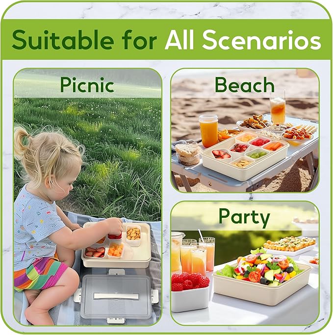Snackle Box Container for Adults with 9 Compartment, Divided Serving Tray Snack Box Containers with Lid and Handle, Charcuterie Boxes Portable Snack Platter for Fruit Veggie Party Travel, White