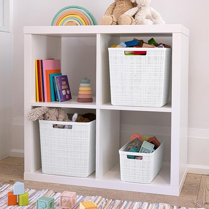 Curver Set of 8 Slim 6.8L Jute Decorative Plastic Organization and Storage Baskets - Perfect Bins for Home Office, Closet Shelves, Kitchen Pantry and All Bedroom Essentials, White