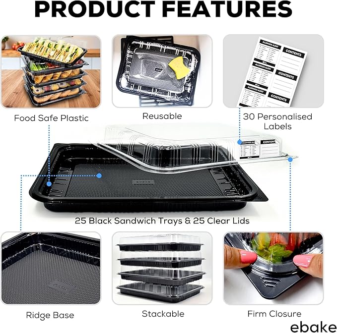 25 Pack Catering Trays with Lids – 15" Serving Tray with Lid, Heavy Duty Recyclable Plastic Party Platters for Catering, Buffet, Picnics & Events – Food Tray with Clear Lid (15.35 × 11.42 × 2.95 inch)