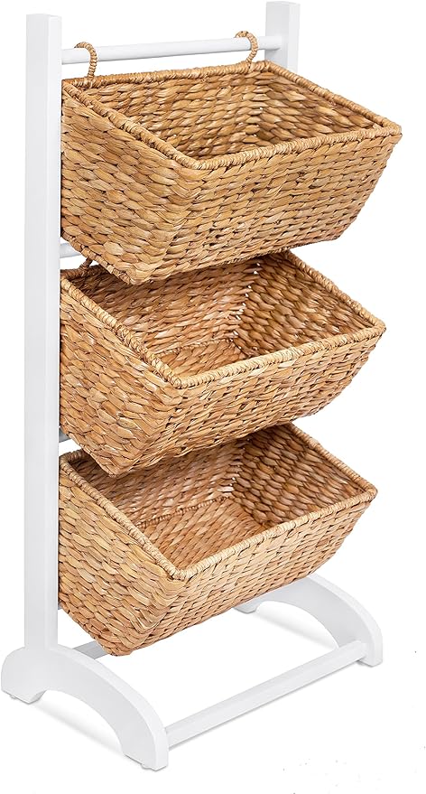BIRDROCK HOME 3 Tier Abaca Storage Cubby (Natural) - 3 Baskets Made of Durable Seagrass Fiber - Solid Wood Frame - Child Pet Dog Toy Food Storage Organizer Shelf - Kitchen Vertical Rack Unit Stand