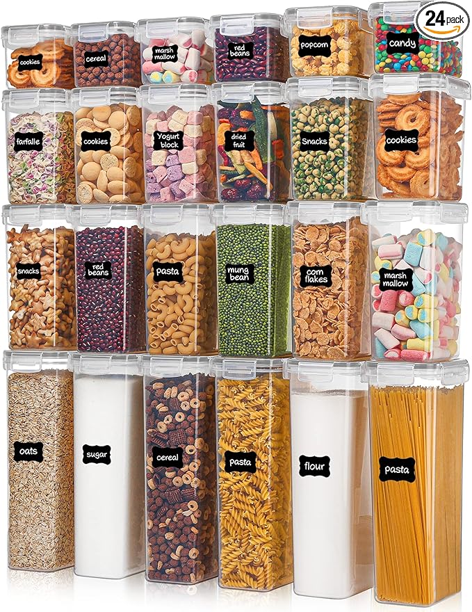 Vtopmart Airtight Food Storage Containers with Lids, 24 pcs Plastic Kitchen and Pantry Organization Canisters for Cereal, Dry Food, Flour and Sugar, BPA Free, Includes 24 Labels，Gray
