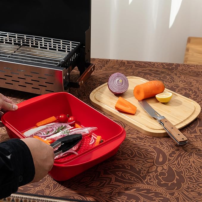 Marinade Container with Wood Lid Cutting Board, Grill Prep and Serve Tray, 2 Pcs Set, Stackable Melamine Serving Tray & Wood Platter, BBQ Prep Tub & Marinating Serving platters, Red