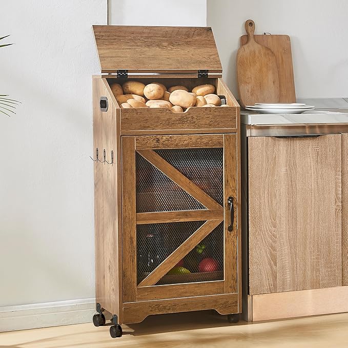 Potato Storage Bin, Large Movable Bread Box with Lid, 3 Tier Vegetable Organizer Cabinets, Decorative Fruit and Vegetable Box for Kitchen (Walnut)