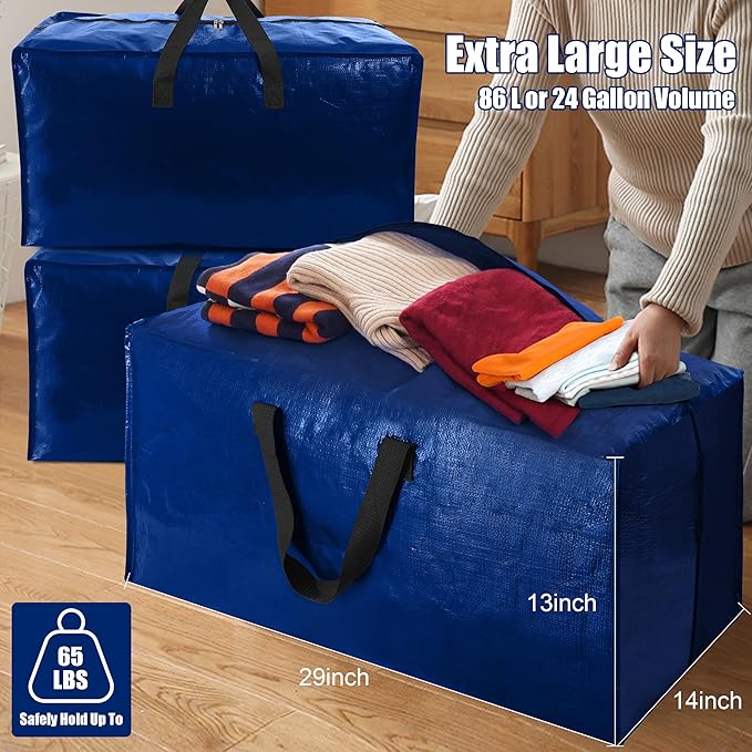 Cosy Family 8 Pack Heavy Duty Extra Large Moving Bags with Backpack Straps - Strong Handles & Zippers, Storage Totes For Space Saving, Fold Flat, Alternative to Moving Box (Set of 8, Blue)