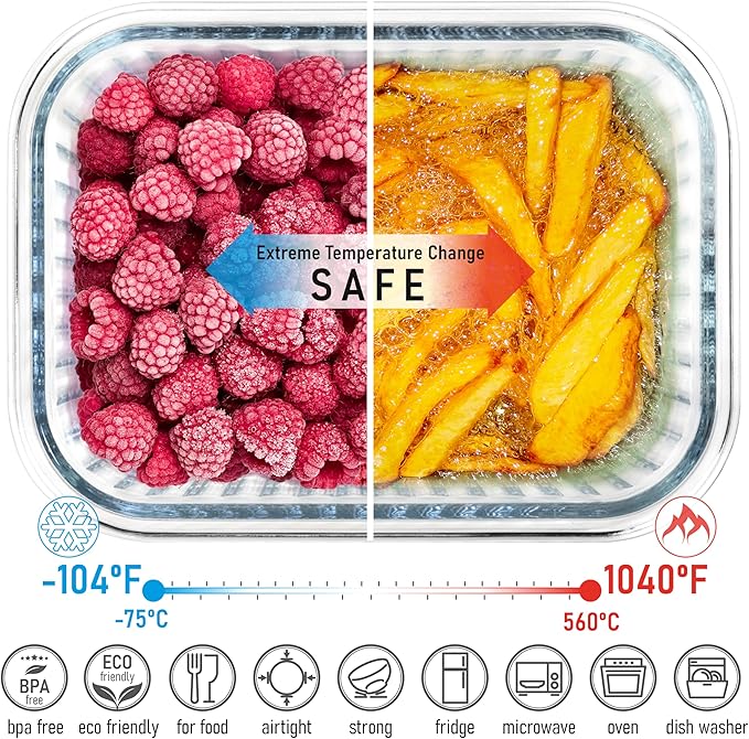 dokaworld Ribbed Glass Tupperware Set with Bamboo Lids - 4 Stackable Meal Prep Containers. Durable heat resistant Inert Borosilicate Glass