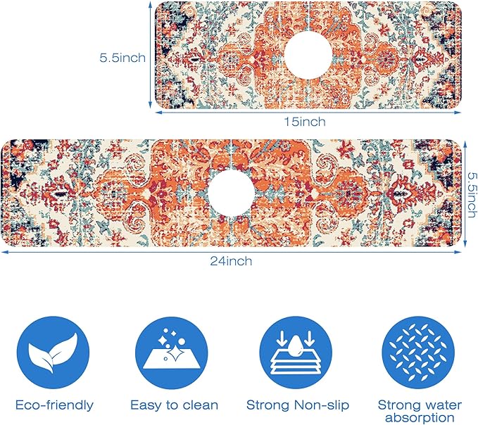 Oriental Turkish Carpet Pattern Red Dish Drying Mat for Kitchen Sink Splash Guard Behind Faucet Sink Mat Absorbent Fast Drying Faucet Draining Mat for Bathroom Kitchen 5.5"×24"