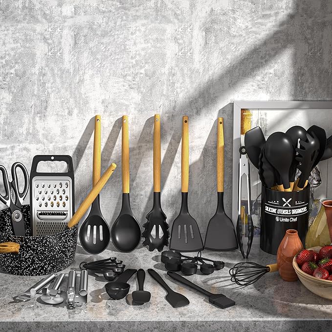 Kitchen Utensils Set- 34PCS Silicone Cooking Utensil with Holder, Umite Chef Heat Resistant Kitchen Spatula Set for Nonstick Cookware, Black Wooden Handles Kitchen Gadgets Tools Set