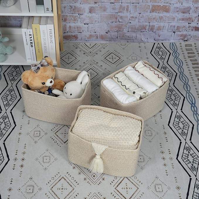XUANGUO Rope storage Basket Bins Woven Basket for Organizing Shelves 15X10X9.3" Rectangle Decorative Baskets For storage Clothes Toys Books Towels Nursery basket organizer 3 pack Oatmeal